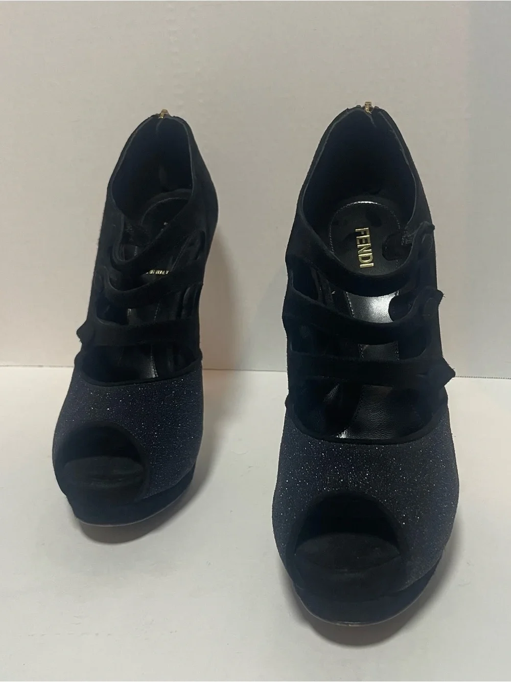 Fendi Black Suede Glitter Peep Toe Platform Booties EU 38.5